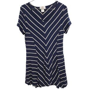 OSO Casuals Womens Tunic Top Small Blue White Striped Short Sleeve Casual Tee
